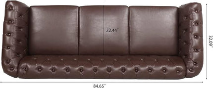 3-Seaters Living Room Clasic Chesterfield Sofa Couch Button Tufted PU Leather Upholstered Sofa&Couch with Luxury Roller Armrest Soild Wood Legs Movable Cushions & Nailhead Decor - LeafyLoom