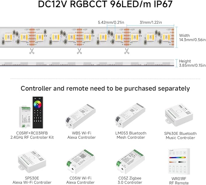 BTF-LIGHTING RGBCCT 5 Colors in 1 LED Tape Lights 5050SMD RGBWW RGB+Dimmable Color Temperature 2700K-6500K 16.4ft 96LED/m 480LED IP67 DC12V White PCB for Home Decoration(No Adapter or Controller) BTF-LIGHTING