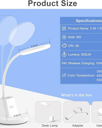 Sailstar Desk Lamp for Home Office, Small Desk Lamp with Wireless Charger & Pen Holder, Cute Desk Lamp LED Dimmable Touch 3 Lighting Modes Memory, Gooseneck White Desk Light for College Dorm Room - LeafyLoom