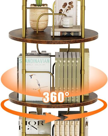 5 Tier Rotating Bookshelf, 360 ° Display Stackable Spinning Bookshelf Tower, Narrow Space Saving Tall Floor Standing Swivel Bookcase Corner Storage Organizer for Bedroom, Living Room, Gold - LeafyLoom