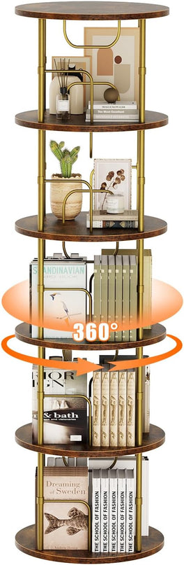 5 Tier Rotating Bookshelf, 360 ° Display Stackable Spinning Bookshelf Tower, Narrow Space Saving Tall Floor Standing Swivel Bookcase Corner Storage Organizer for Bedroom, Living Room, Gold - LeafyLoom