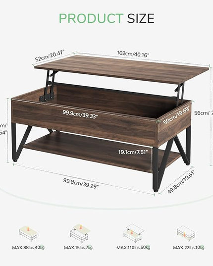 Novilla Lift Top Coffee Table with Storage 40 Inch Wood Lift Up Center Table for Living Room Tea Table with Hidden Compartment Rising Tabletop Table Cocktail Table, Walnut - LeafyLoom