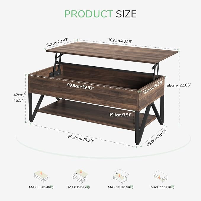 Novilla Lift Top Coffee Table with Storage 40 Inch Wood Lift Up Center Table for Living Room Tea Table with Hidden Compartment Rising Tabletop Table Cocktail Table, Walnut - LeafyLoom