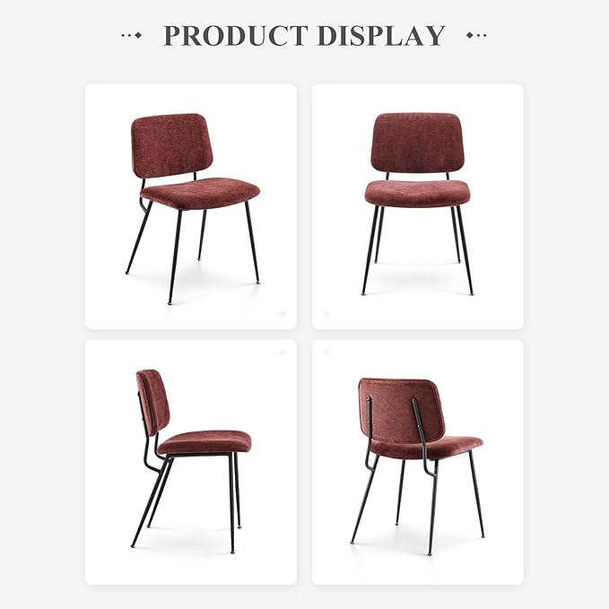 COLAMY Modern Upholstered Fabric Dining Room Accent Diner Stylish Kitchen Chairs with Solid Metal Legs, set of 2, Red - LeafyLoom