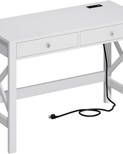 ChooChoo Computer Desk with USB Charging Ports and Power Outlets, 39" White Desk with Drawers, Small Study Writing Table with Stable X Frame for Home Office - LeafyLoom