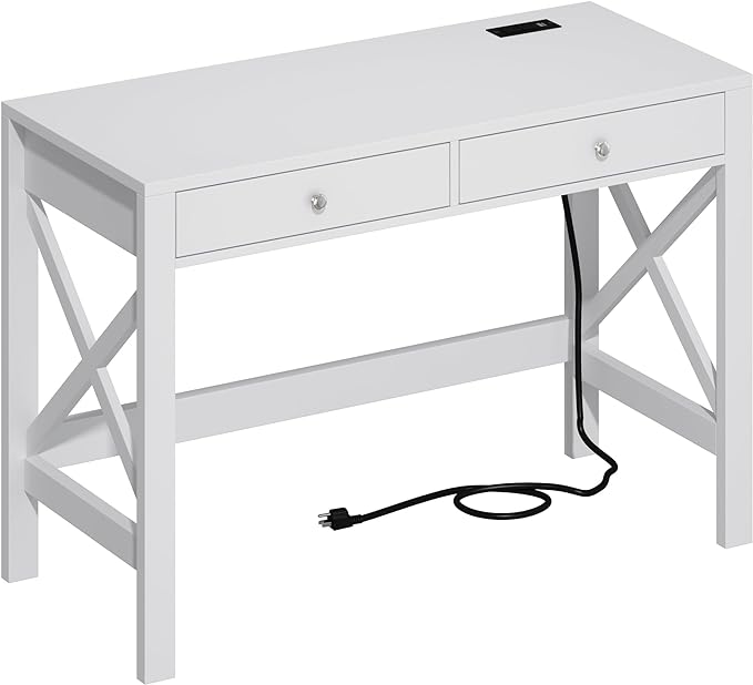 ChooChoo Computer Desk with USB Charging Ports and Power Outlets, 39" White Desk with Drawers, Small Study Writing Table with Stable X Frame for Home Office - LeafyLoom