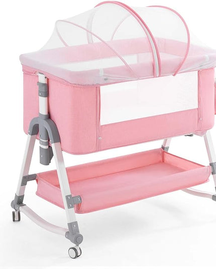 4 in 1 Baby Bassinet, Rocking Bassinets Bedside Sleeper with Comfy Mattress and Wheels, Height Adjustable Easy Folding Portable Bedside Crib for Newborn Infant,Pink - LeafyLoom