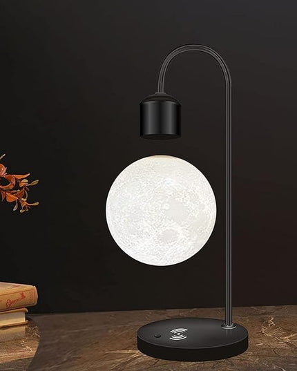 Unique Modern Levitating Moon Lamp with Built-in Qi Wireless Charger, Simplistic and Innovative Design, Warm Decorative LED Light for Home and Office (Black) - LeafyLoom