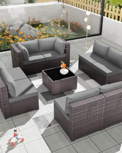 Patio Furniture Set 9-Piece Outdoor Furniture for Backyard Wicker Sectional Sofa Set, Rattan Patio Conversation Set with Thickened Cushions and Glass Coffee Table, Grey - LeafyLoom