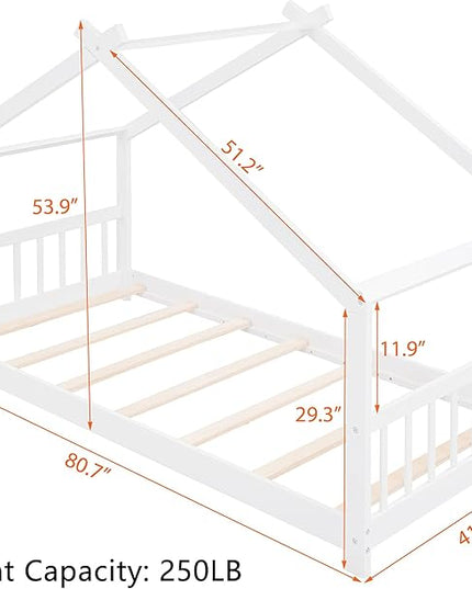 Montessori Floor Bed Frame Twin Size, Twin Floor Bed Frame with Headboard, Footboard and Slats, Wood Montessori Bed Frame/Montessori House Bed for Kids, Girls, Boys(White) - LeafyLoom