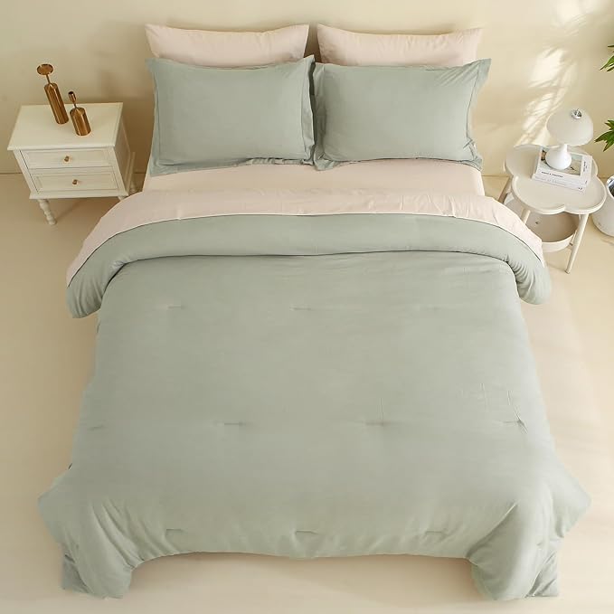 MILDLY King Size Comforter Set 7 Piece Color Clash, Mist Sage Bed in a Bag, All Season Bedding Sets with 1 Comforter, 2 Pillow Shams, 2 Pillowcases, 1 Flat Sheet, 1 Fitted Sheet - LeafyLoom