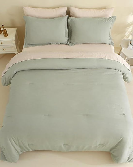 MILDLY Queen Comforter Set 7 Piece Color Clash, Mist Sage Bed in a Bag, All Season Bedding Sets with 1 Comforter, 2 Pillow Shams, 2 Pillowcases, 1 Flat Sheet, 1 Fitted Sheet - LeafyLoom