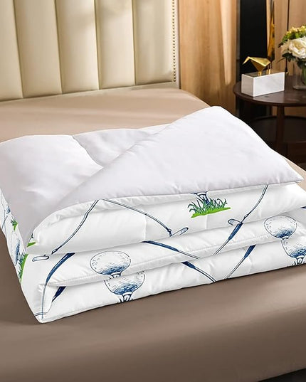 Erosebridal Golf Comforter Set Queen Size Golf Club Bedding Set Sport Game Athlete Grass Leaf Branches Down Comforter for Men, Room Decorative 3 Pieces Comforter with 2 Pillow Cases, White - LeafyLoom
