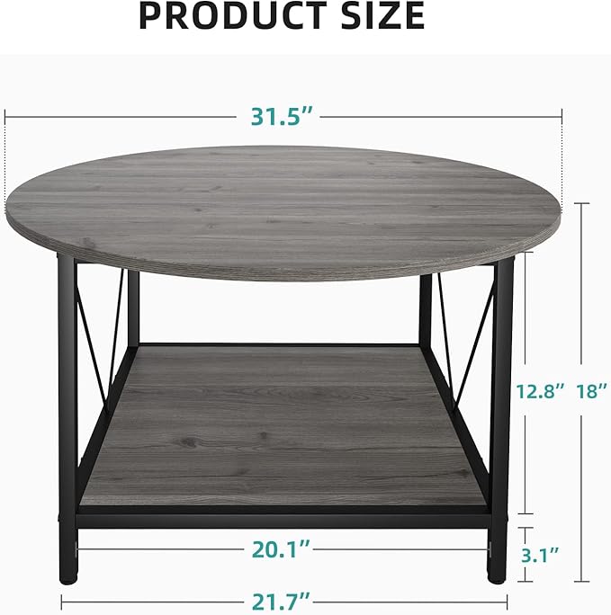YITAHOME Coffee Tables for Living Room, Round Coffee Table, Small Coffee Table with Storage, 2 Tier Modern Coffee Table, Wood Circle Center Table with Metal Frame, Gray - LeafyLoom