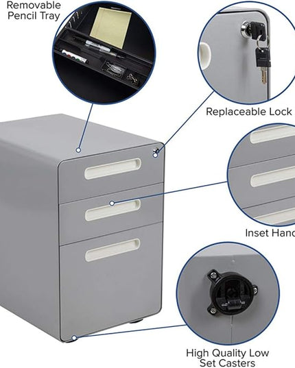 Flash Furniture Wren Ergonomic 3-Drawer Mobile Locking Filing Cabinet with Anti-Tilt Mechanism and Hanging Drawer for Legal & Letter Files, Gray - LeafyLoom
