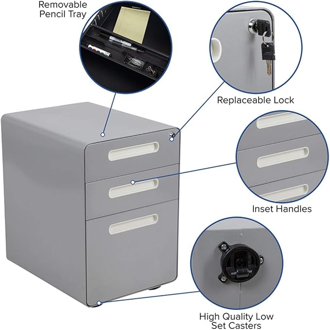 Flash Furniture Wren Ergonomic 3-Drawer Mobile Locking Filing Cabinet with Anti-Tilt Mechanism and Hanging Drawer for Legal & Letter Files, Gray - LeafyLoom