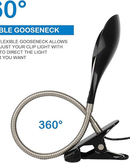 Desk lamp Eye-Caring Table Lamps, 360°Rotation Gooseneck Clip on Lamp Reading Light, Portable Reading Book Light, Clamp Light, Study Desk Lamps for Bedroom and Office Home Lighting (Black-C02) - LeafyLoom