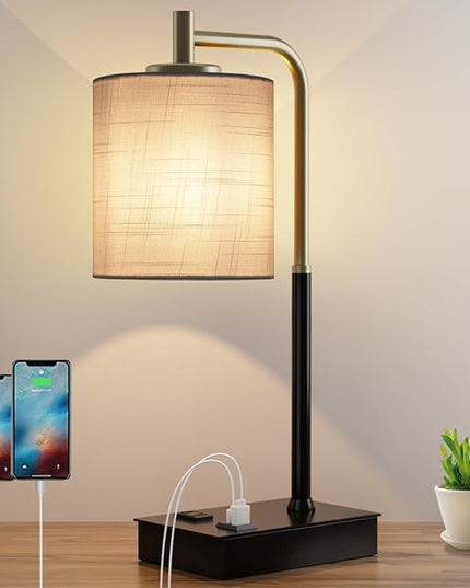 Touch Control Table Lamp, 3-Way Dimmable Modern Bedside Lamp with USB Port and Outlet, Fabric Shade Nightstand Lamp Side Table Lamp,Desk Lamp for Bedroom Living Room, Bulb Included - LeafyLoom