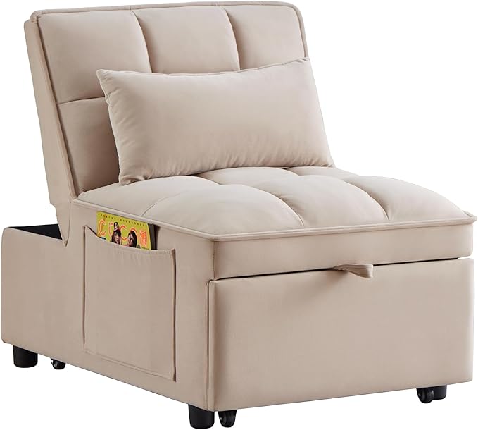 4 in 1 Convertible Sleeper Chair Bed-25" Recliner Pull Out Sofa Bed, Small Futon Couch, Lazy Single Armchair for Temperory Sleeping Gaming Office Napping, Chaise Lounge Sofa for Living Room Bedroom - LeafyLoom