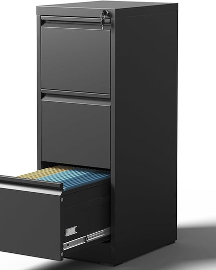 3 Drawer File Cabinet with Lock, Metal Vertical Filing Cabinets for Home Office, Steel Storage Cabinet for Hanging Legal/Letter Size Files, Assembly Required (Black) - LeafyLoom
