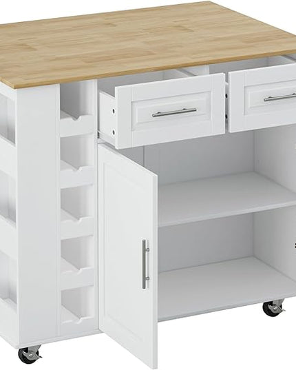 Multi-Functional Kitchen Island Mobile Cart with 2 Door Cabinet,Two Drawers,Spice-Rack,Towel Holder,Wine-Rack,Foldable Rubberwood Table Top,for Dining Room Bar,White - LeafyLoom