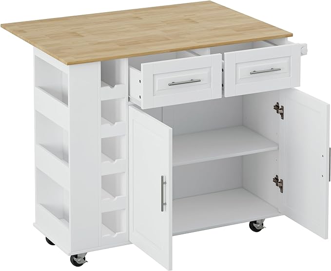 Multi-Functional Kitchen Island Mobile Cart with 2 Door Cabinet,Two Drawers,Spice-Rack,Towel Holder,Wine-Rack,Foldable Rubberwood Table Top,for Dining Room Bar,White - LeafyLoom