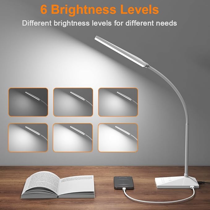 Vansuny LED Desk Lamp with USB Charging Port, Eye-Caring, 5 Color Modes,6 Brightness Levels, Touch Control, Flexible Gooseneck, Memory Function for Dorm Office Work Bedroom (12W,White) - LeafyLoom