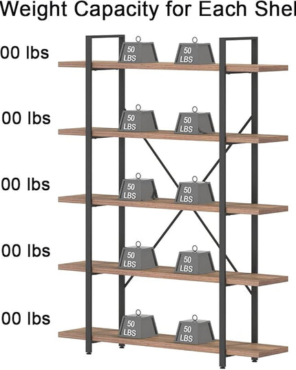 HSH Industrial Wood and Metal 5 Tier Bookshelf, Large Tall Open Rustic Wide Etagere Bookcase, Vintage Farmhouse Modern Wooden Big Book Shelf for Home Living Room Bedroom Office Storage, Rustic Oak - LeafyLoom