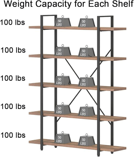 HSH Industrial Wood and Metal 5 Tier Bookshelf, Large Tall Open Rustic Wide Etagere Bookcase, Vintage Farmhouse Modern Wooden Big Book Shelf for Home Living Room Bedroom Office Storage, Rustic Oak - LeafyLoom