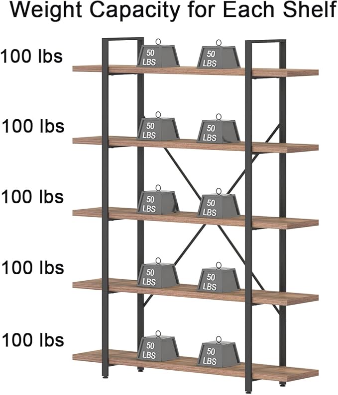 HSH Industrial Wood and Metal 5 Tier Bookshelf, Large Tall Open Rustic Wide Etagere Bookcase, Vintage Farmhouse Modern Wooden Big Book Shelf for Home Living Room Bedroom Office Storage, Rustic Oak - LeafyLoom