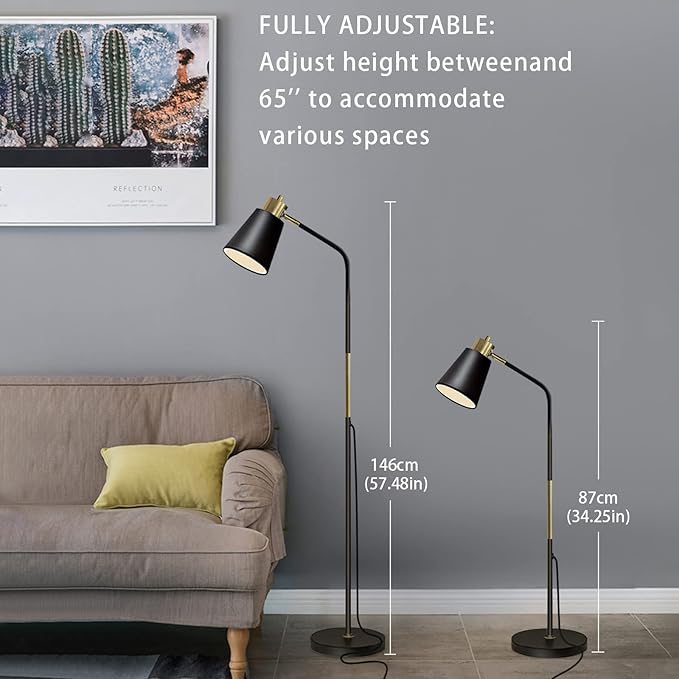 Floor Lamp, Industrial Floor Lamps for Living Rooms Rustic Farmhouse Reading Standing Floor Lamp Adjustable Metal Heads Indoor Task Lighting for Living Room Bedroom Office Home Décor (Black) - LeafyLoom