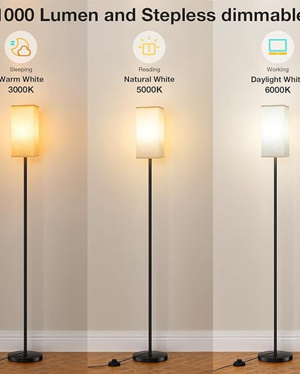 Ambimall Floor Lamps for Living Room - Remote Control, 9W Stepless Dimmable Bulb, Foot Switch, Color Temperatures, 64'' Tall Standing Lamp, Beige Lampshade, Reading Bedroom,Office (Black) - LeafyLoom