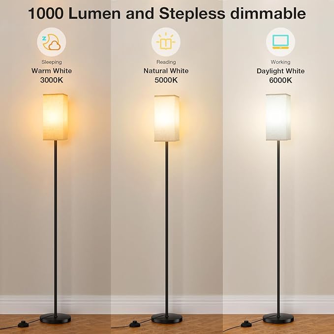 Ambimall Floor Lamps for Living Room - Remote Control, 9W Stepless Dimmable Bulb, Foot Switch, Color Temperatures, 64'' Tall Standing Lamp, Beige Lampshade, Reading Bedroom,Office (Black) - LeafyLoom