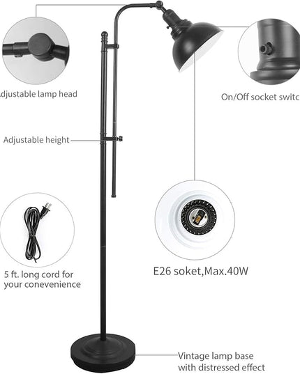 Floor Lamp, Industrial Floor Lamps for Living Rooms & Bedrooms - Rustic Farmhouse Reading Lamp Standing, Adjustable Metal Heads Indoor Task Lighting for Living Room Office Home Décor (Black-02) - LeafyLoom