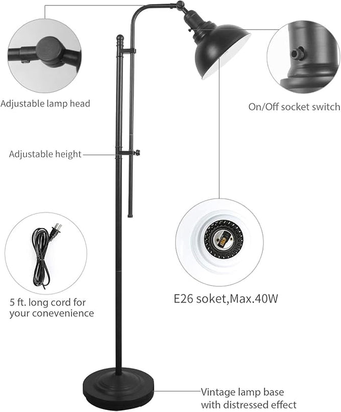 Floor Lamp, Industrial Floor Lamps for Living Rooms & Bedrooms - Rustic Farmhouse Reading Lamp Standing, Adjustable Metal Heads Indoor Task Lighting for Living Room Office Home Décor (Black-02) - LeafyLoom