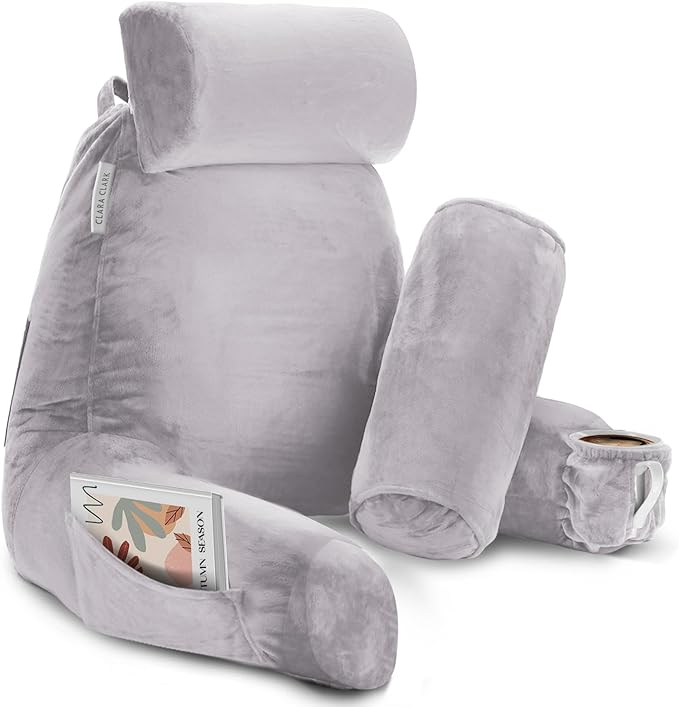 Clara Clark Reading Pillow, Large Back Pillow for Sitting Up in Bed, Memory Foam Back Support Pillow, Reading Pillows for Sitting in Bed Adult Grey Lavender Sit Up Pillow for Bed with Arms and Pockets - LeafyLoom
