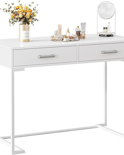 Computer Desk with 2 Drawers, Wooden Writing Desks for Home Office, White - LeafyLoom