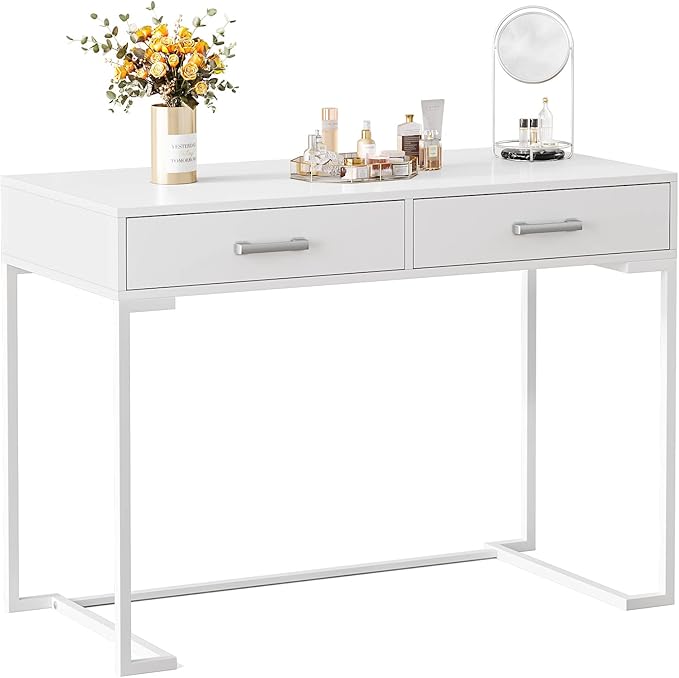 Computer Desk with 2 Drawers, Wooden Writing Desks for Home Office, White - LeafyLoom