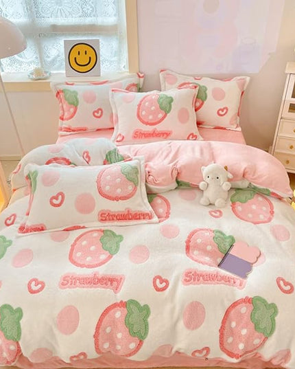 MorroMorn Pink Duvet Cover Queen, Strawberry Bedding Sets, Fluffy Comforter Covers Set, Down Alternative Blanket Ultra Soft Kawaii Cute for Girls Kids Teen Women Full Double Size - LeafyLoom