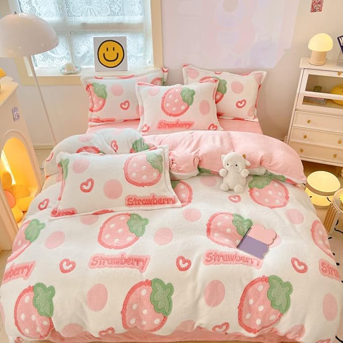 MorroMorn Twin Duvet Cover Set, Pink Strawberry Cute Bedding Sets, Fluffy Comforter Covers Lightweight Blanket Ultra Soft Kawaii for Girls Kids Toddler Teen Women Twin/Twin XL Size - LeafyLoom