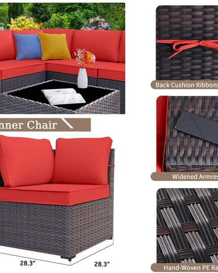 Patio Furniture Set Sofa 12-Pieces Wicker Sectional Sofa Set, Outdoor Furniture Rattan Patio Conversation Set with Thickened Cushions and Glass Coffee Tables, Red - LeafyLoom