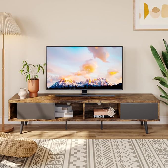Bestier 70 inch Mid Century Modern TV Stand for 75 inch TV, Low Profile TV Stand with Storage, Entertainment Center for Living Room, Cord Management, Rustic Black - LeafyLoom