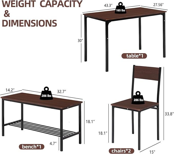 Dining Table Set for 4 Person - Wooden Kitchen Table Chairs Set Modern Dining Table with 2 Chairs and Bench with Storage, PVC Wood Grain Waterproof for Apartments, Restaurants - LeafyLoom