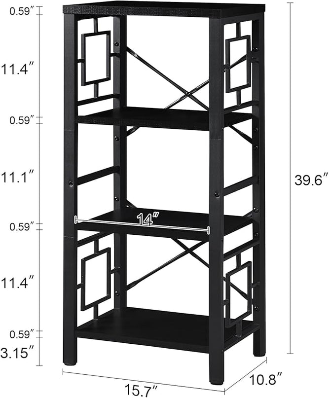 Bookshelf, Vintage Industrial 4 Tier Bookshelf, Freestanding Narrow Bookcase with Rustic Wood and Metal, Small Bookshelf for Home Office, Bedroom & Living Room, Black - LeafyLoom