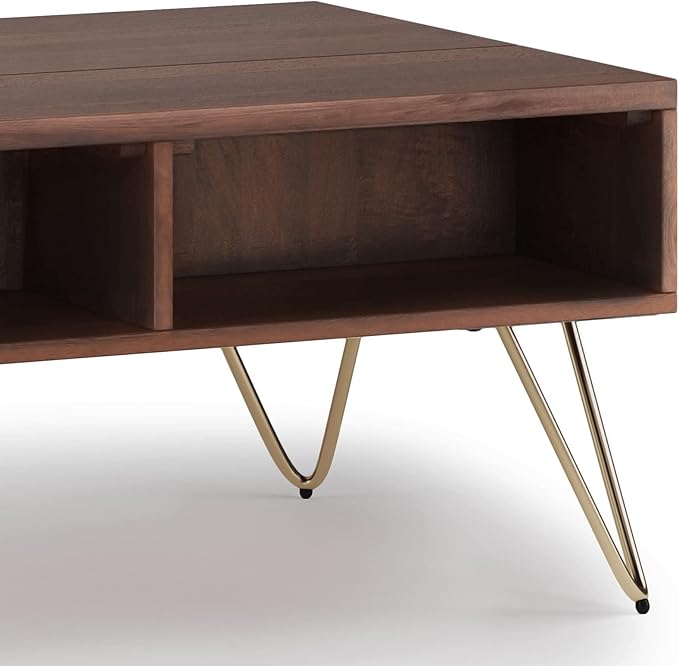 SIMPLIHOME Hunter SOLID MANGO WOOD and Metal 36 inch Wide Rectangle Industrial Contemporary Small Lift Top Coffee Table in Umber Brown And Gold, for the Living Room and Family Room - LeafyLoom