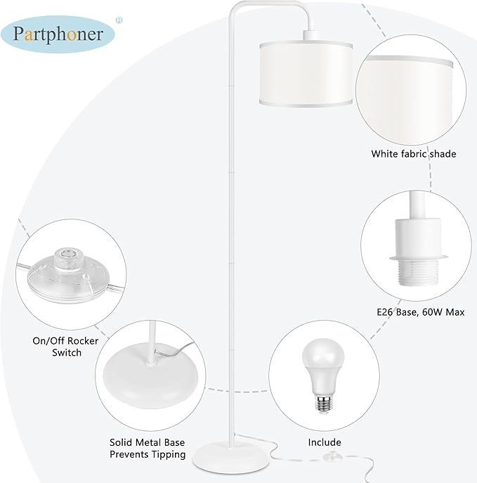 [Upgraded] LED Floor Lamp for Living Room, 3 Color Temperature Floor Lamp with Foot Switch Modern Standing Lamp Tall Pole Floor Reading Lamp for Bedroom, Study Room, Office, 9W Bulb Included, White - LeafyLoom