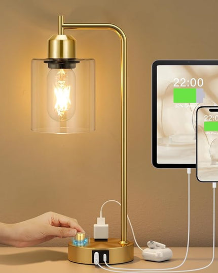 Innqoo Gold Table Lamp for Bedroom - Industrial Bedside Lamp with USB Port and Outlet, Fully Dimmable Nightstand Lamp with Clear Glass Shade, Small Desk Lamps for Home Office - LeafyLoom