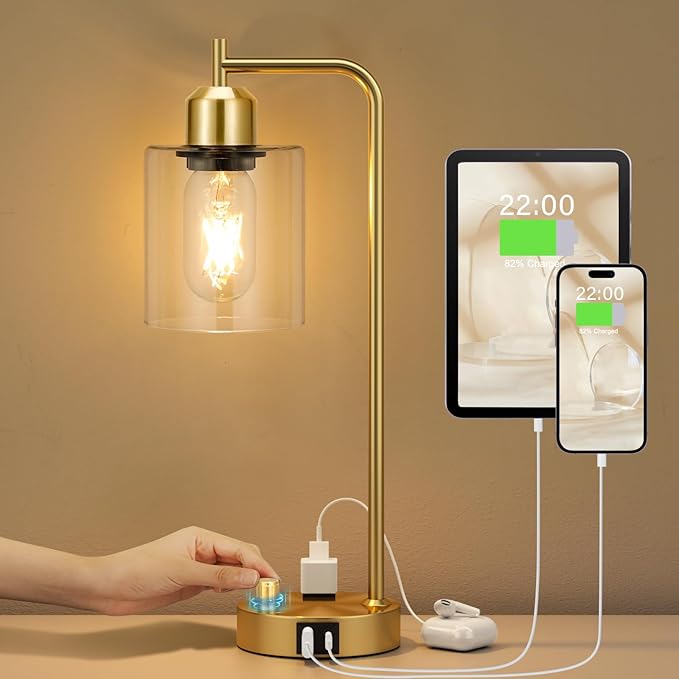 Innqoo Gold Table Lamp for Bedroom - Industrial Bedside Lamp with USB Port and Outlet, Fully Dimmable Nightstand Lamp with Clear Glass Shade, Small Desk Lamps for Home Office - LeafyLoom
