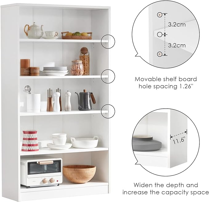 Farini White Bookshelf for Bedroom 5 Shelf Office Bookcase 60 Inches Tall Modern Wood Bookshelf for Living Room 5 Tier Wide Manga Bookshelf Library Bookcase - LeafyLoom