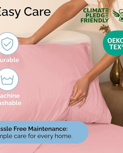 Queen Size 4 Piece Sheet Set - Comfy Breathable & Cooling Sheets - Hotel Luxury Bed Sheets for Women & Men - Deep Pockets, Easy-Fit, Soft & Wrinkle Free Sheets - Baby Pink Oeko-Tex Bed Sheet Set - LeafyLoom